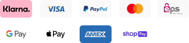 Klarna, Visa, PayPal, Mastercard, EPS, Google Pay, Apple Pay, AMEX, ShopPay