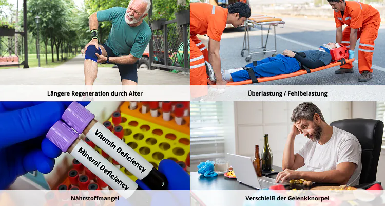 Mögliche Ursachen: Längere Regeneration durch Alter, Überlastung, Nährstoffmangel, Verschleiß der Gelenkknorpel